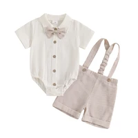 Tenue d'été pour bébé garçon, chemise à manches courtes, col à revers, barboteuse + Short à bretelles à rayures + nœud papillon pour nouveau-né 2