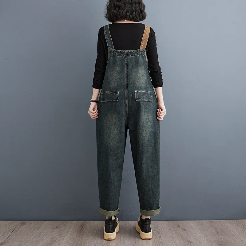 Korean Style Oversized Denim Straps Trousers Autumn Block Color Patchwork Female Students Preppy Style Woman Jumpsuits Overalls