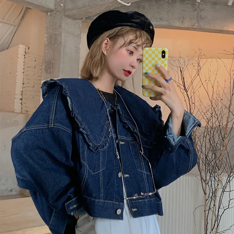 

Vintage Crop Denim Jacket Women Sweet Korean Fashion Peter Pan Collar Button Jeans Coat Female Casual Long Sleeves Loose Outwear
