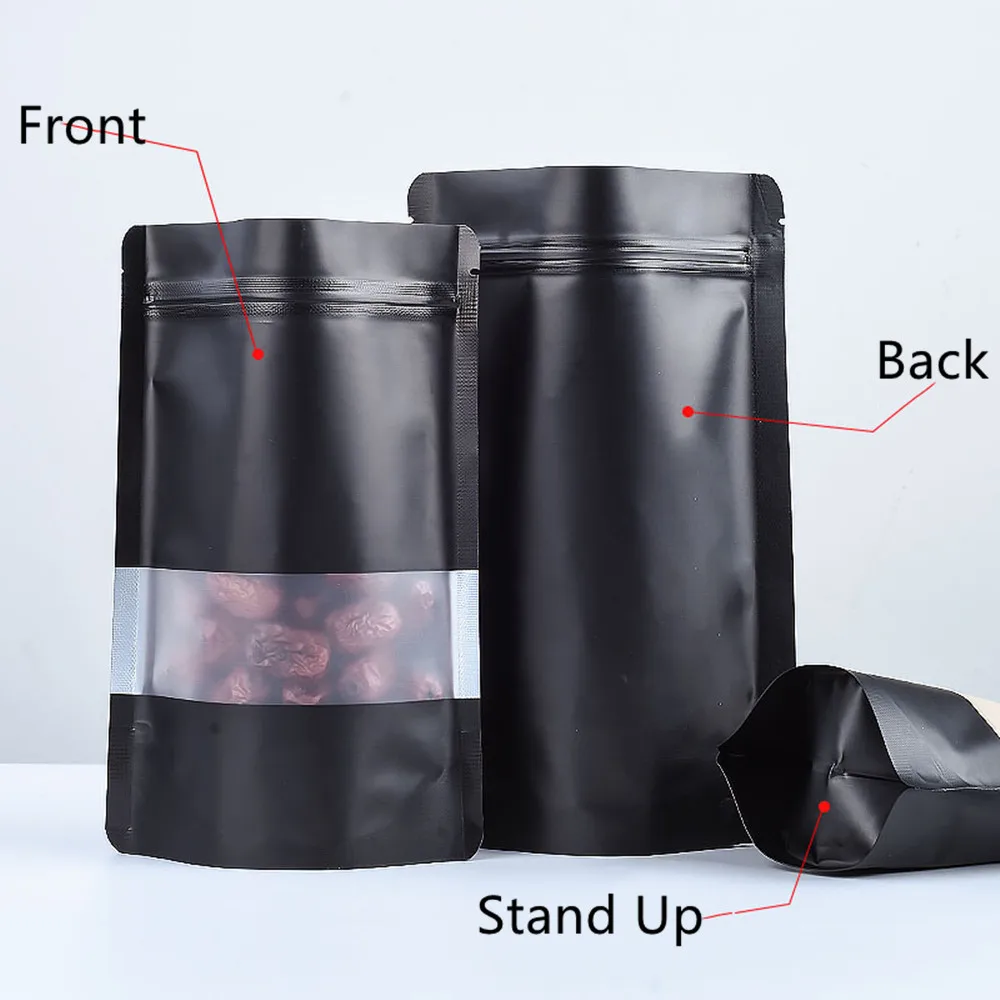 100Pcs/Lot Black Stand Up Aluminum Foil Frosted Transparent Window Food Package Bag Candy Snacks Chocolate Tea Dried Fruits Nuts