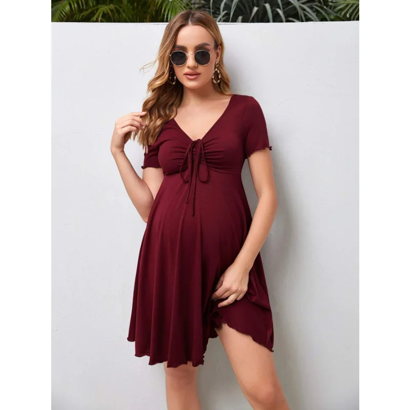 Maternity Clothes Dresses Summer Pure Colour V-neck Women Dress Loose Plus Size Pregnant Skirts Casual Clothing