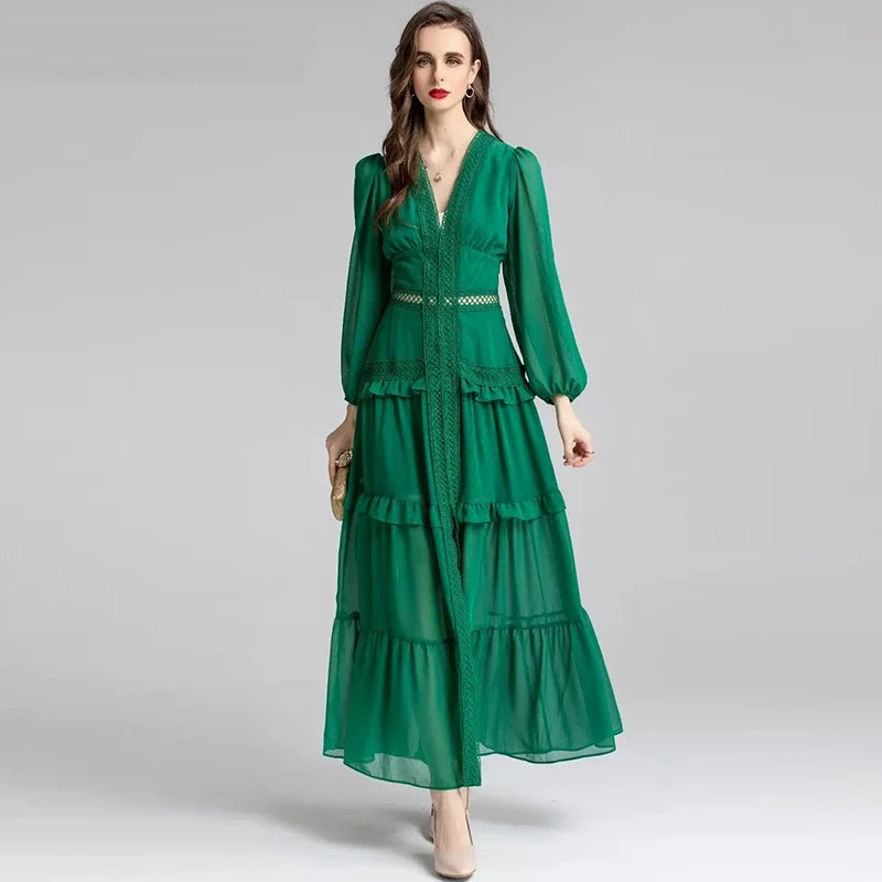 

New Fashion Designer Autumn Women V-Neck Lantern Sleeve Ruffles Hollow Out Solid Green Long Dresses