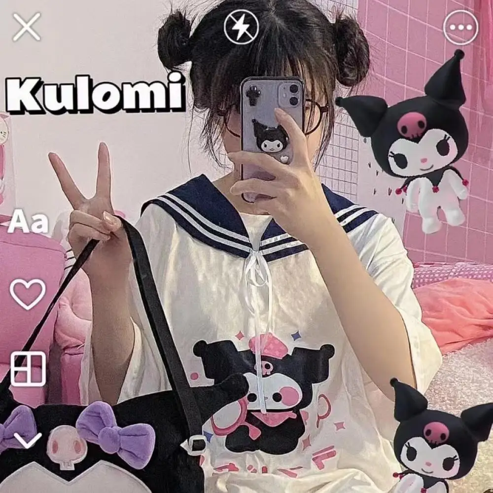 

Kuromi Sanrio плюшевый кавайный мультяшный Воротник Мягкая девушка с принтом с коротким рукавом искусственная кожа для девочек детские игрушки подарок на день рождения