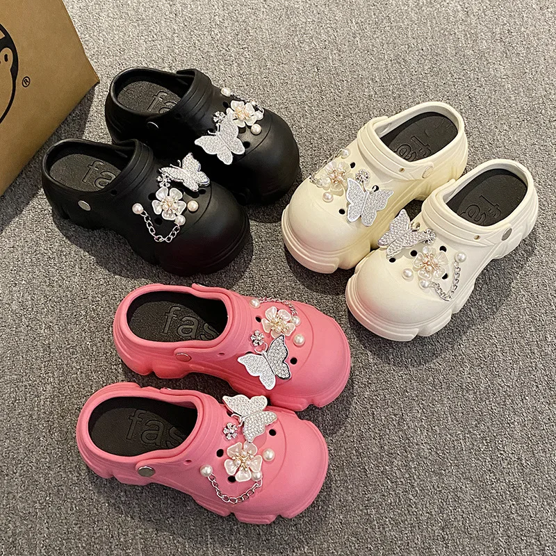 

Fashion Women's Hole Shoes 2024 Summer Thick High Heel Soft Sole DIY Accessories Hole Slippers Outdoor Beach Garden Shoes