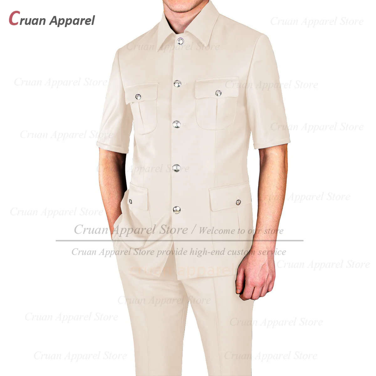 Fashion Men Suit Set Chinese Tunic Suit Summer Wedding Business Slim Fit Blazer Pants 2 Pieces Formal Men Short Sleeve Jackets mens suit