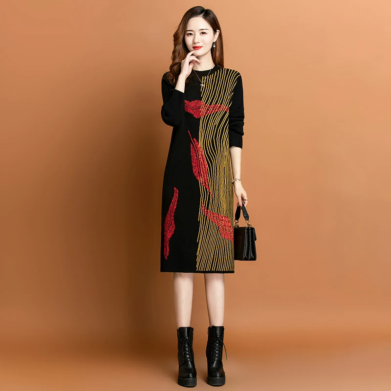 

Female Black Knitted Cotton Floral Midi Sweater Dress Autumn Winter Long Sleeve Thick Warm Dress 2024 Korean Vintage Party Dress