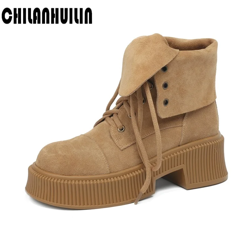 

2023 Trend autumn winter platform boots women yellow chunky platform shoes women ankle boots for women lace up suede boots black