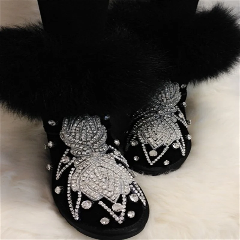 

Black fox hair boots Handcrafted winter plus fleece warm boots rhine-drill fur one-piece boots women's large size 35-44