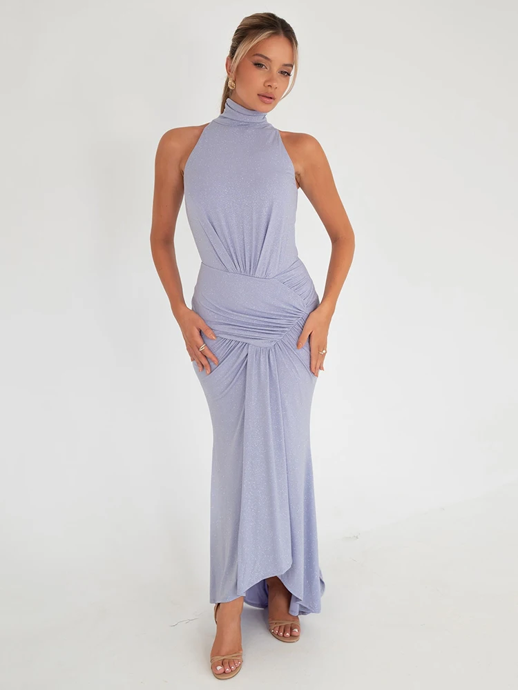 Elegant Sleeveless Elastic Tight Women Dress High Neck Bodycon Pleated Long Party Evening Dress AutumnWinter New Vestido