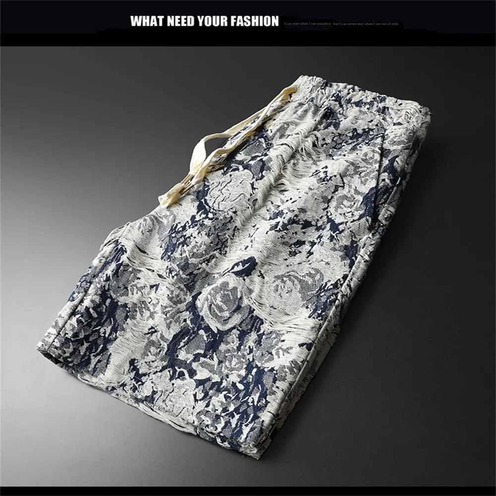 Summer Leopard Embroidered Jeans Men's Shorts 3D Badge Worn Out Zipper Slim Fit Versatile European American Trends Cotton Tide 2