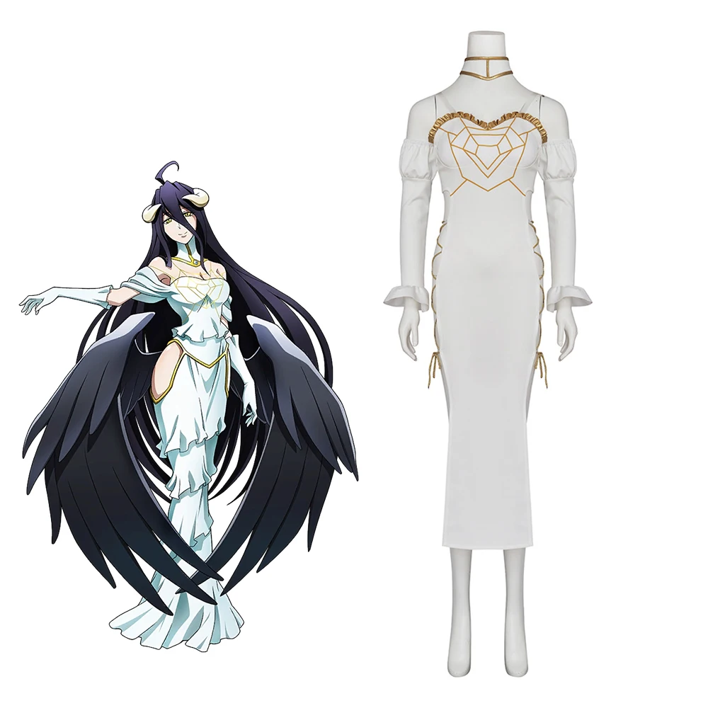 

Anime Overlord Albedo Cosplay Costume Women Sexy Tube High Slit Lace Up White Dress Halloween Theme Party Queen Ball Gown