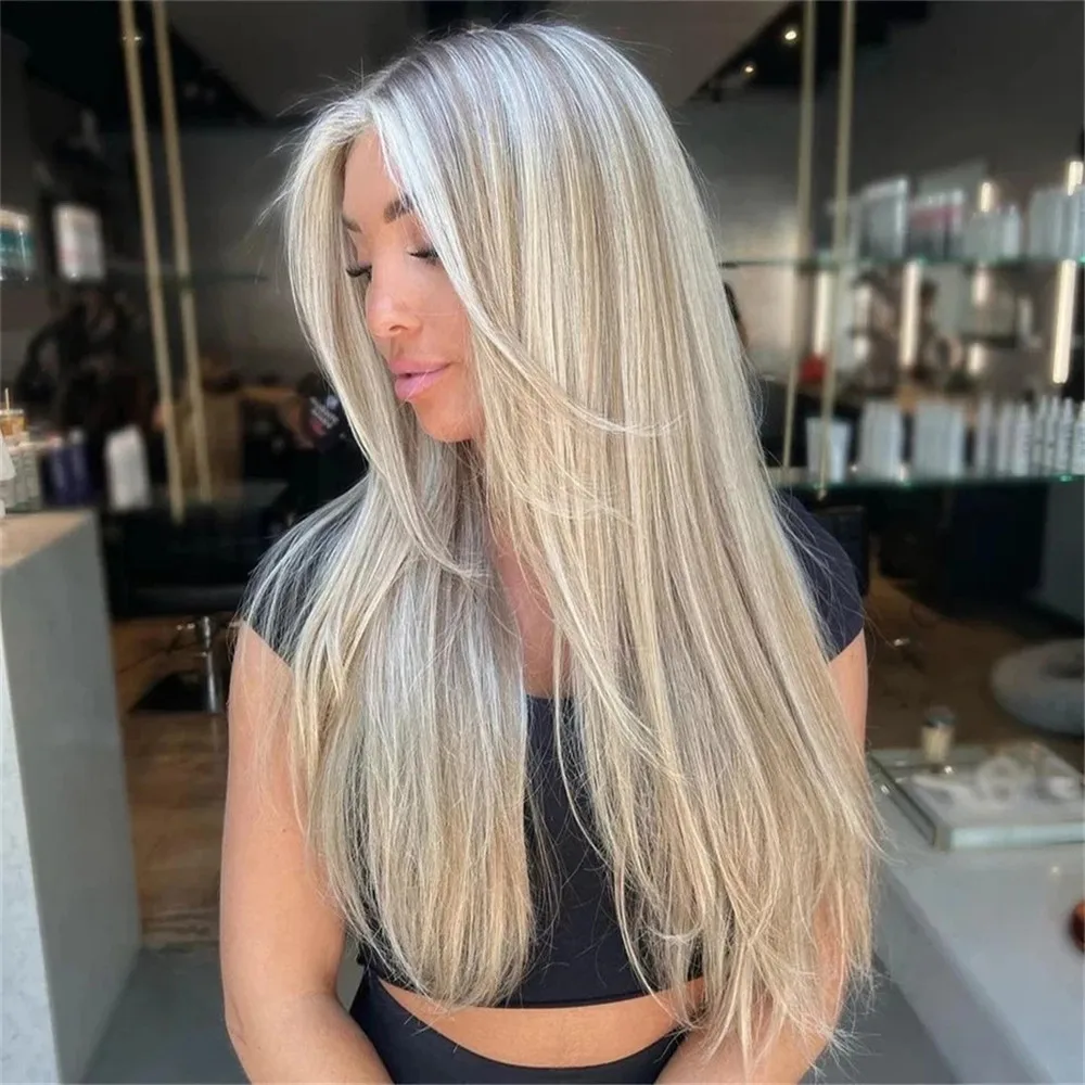 Parrucche Senza Colla con Capelli Lisci, Taglia Piccola e Grande, Parte Libera, Biondo Balayage, Alta Qualità, Miscela di Capelli Umani e Fibra Sintetica - immagine 5