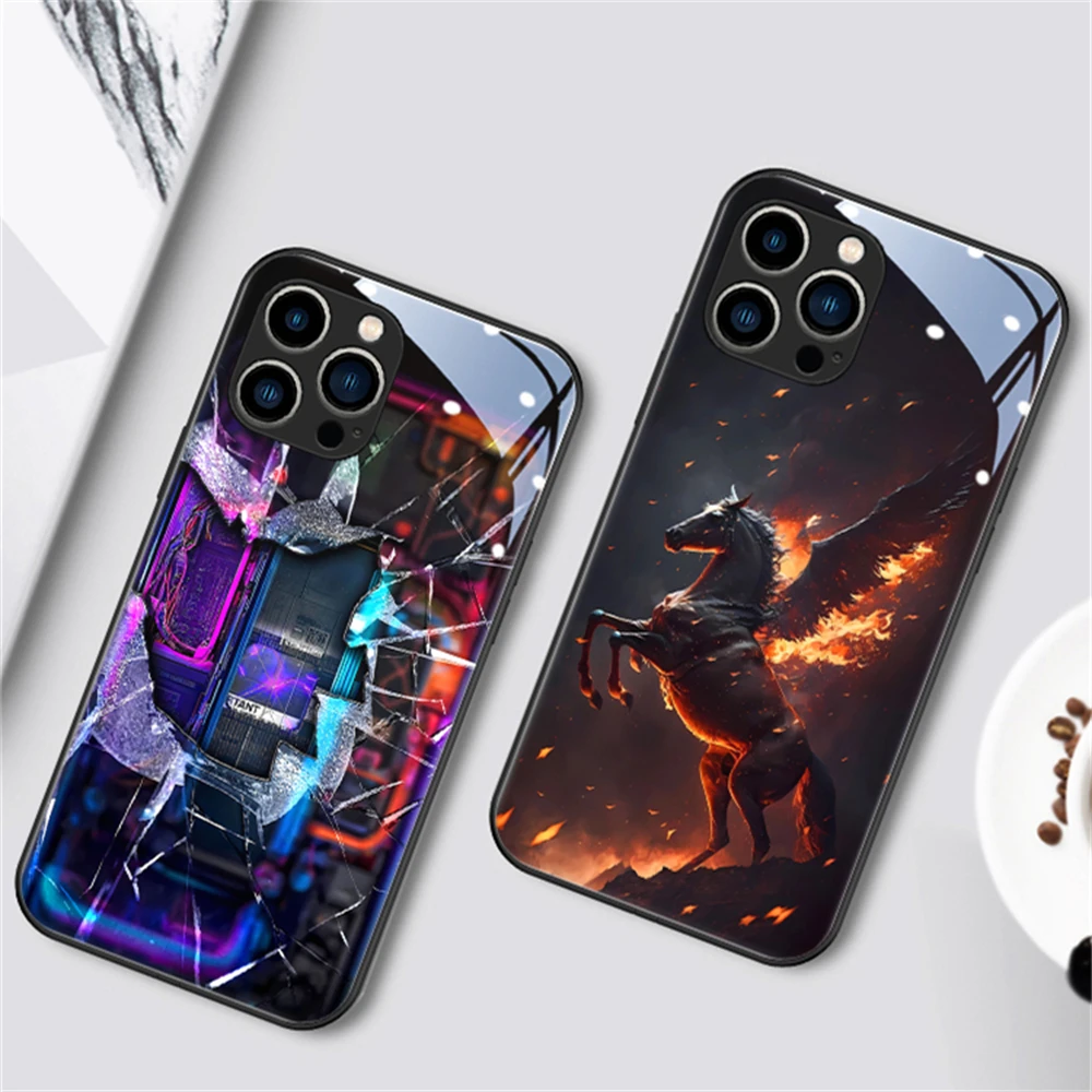 Glowing Flaming War Horse Smart LED Light Up Glass Phone Case For Samsung S10 S9 Note9 10 20 A54 A53 A14 A50 A73 A72 A71 A33