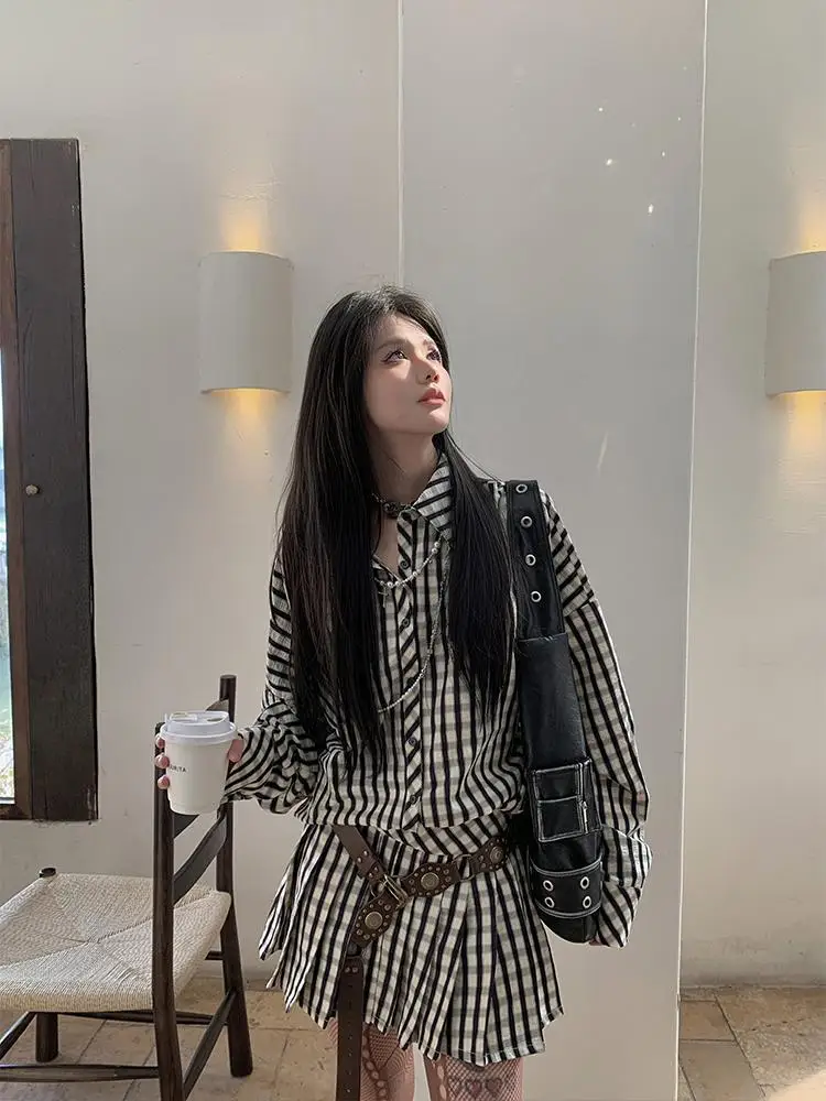 Nicemix Autunno Nuovo Elegante Retro Casual Gonne Set Camicia a quadri allentata Top A-line Minigonna a pieghe Set a due pezzi Abiti da donna - immagine 6