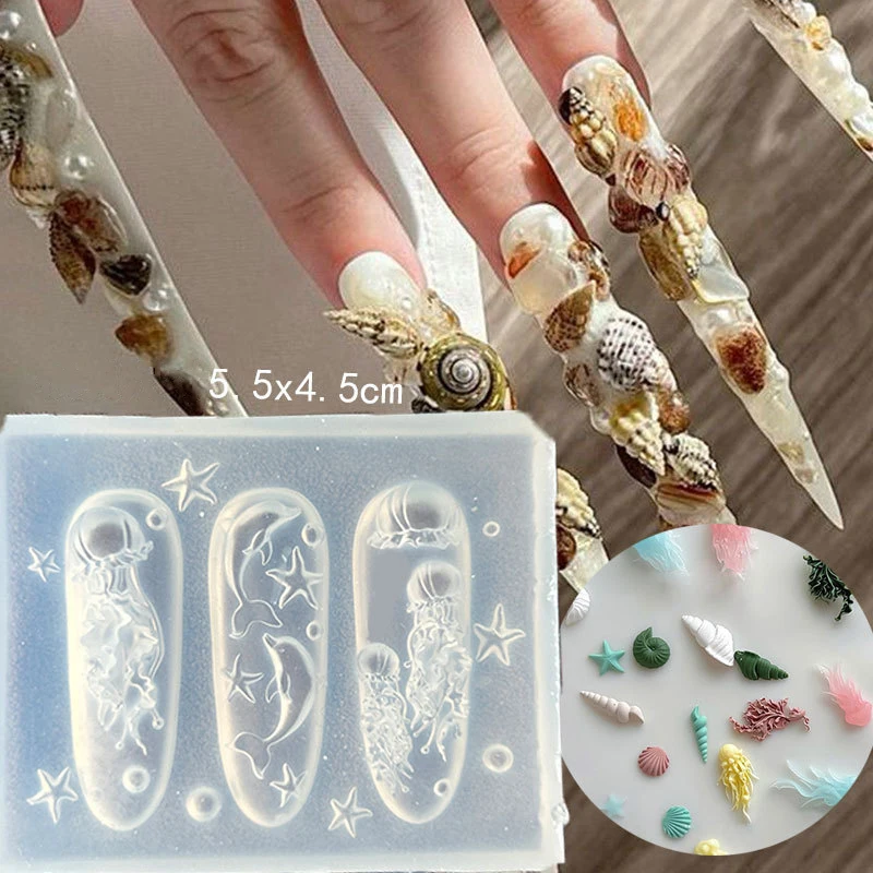 1/2/4PCS Ocean Series 3D Silicone Nail Mold Sea Shell Conch Starfish Jellyfish Soft Charm Manicure Stencil Stamper Tool