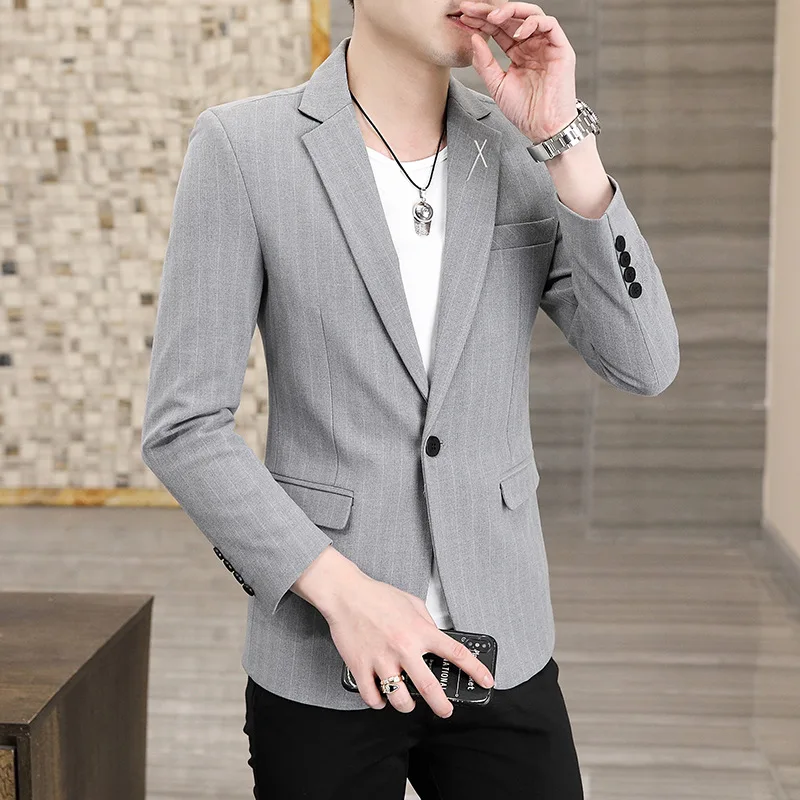 New Men's Solid Color Gentleman Slim Trend Casual Striped Blazer All Match British Style Breathable Youth Fashion Handsome Suit