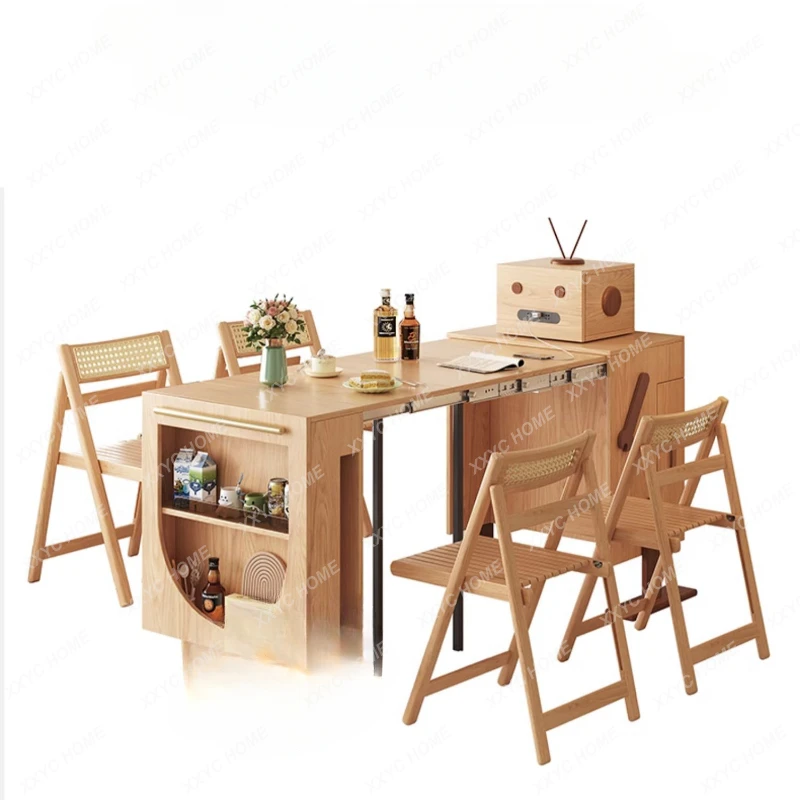 

Simple Log Cream Style Small Apartment Retractable Dining Table Creative Folding Dining Table Sideboard Cabinet Integrated