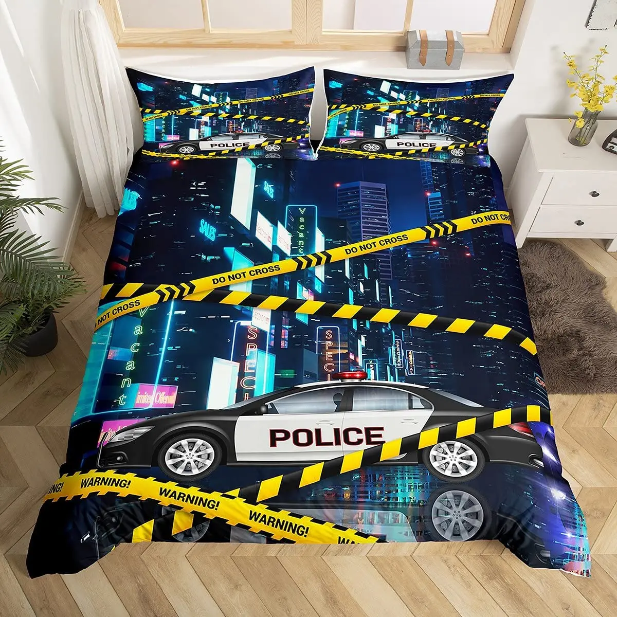 Jongens Politieagent Voertuig Dekbedovertrek 100% Katoen Kids Cartoon Politie Auto Dekbedovertrek Set voor Auto Beddengoed Set Emergency Responder Voertuigen Zwarte Sprei Cover Single