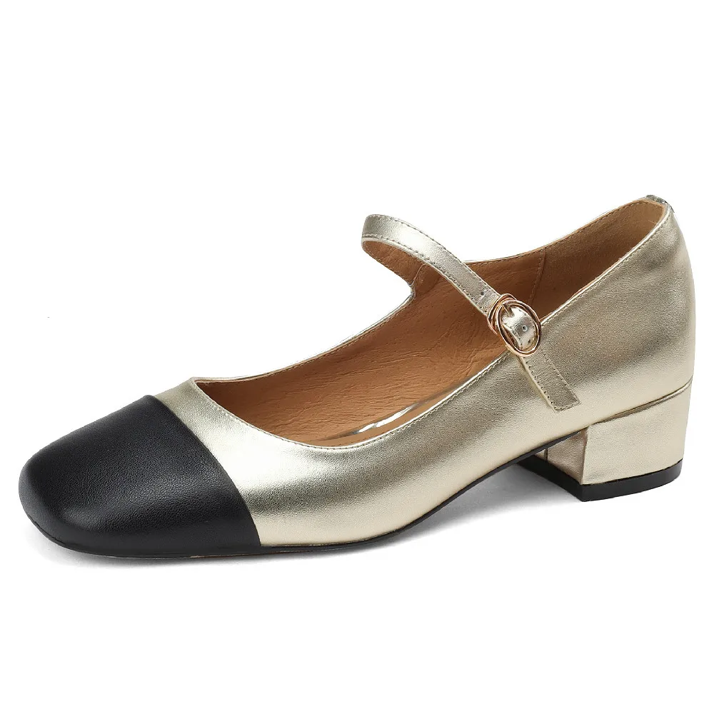 

Women's cow leather mix color patchwork matal belt mary jane pumps 3.5cm low heel square toe casual female heeled single shoes