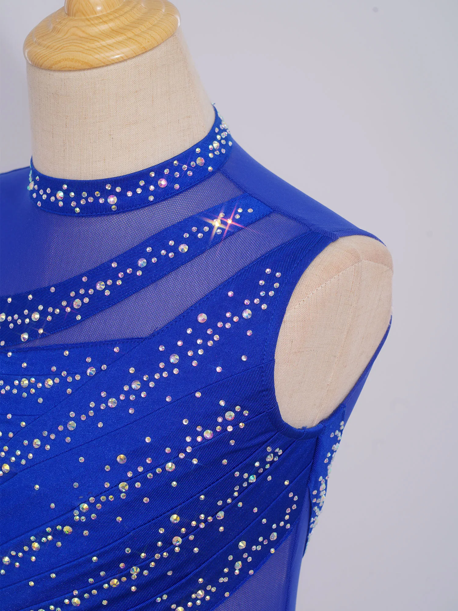 Modernes lyrisches Tanzkleid für Kinder, Mädchen, Strass, ärmellos, durchsichtiges Netz, Ballett-Gymnastik-Trikot für Eiskunstlauf-Performance – Detail 33