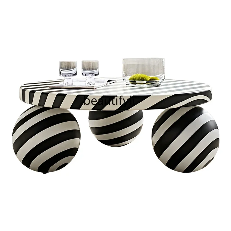 

Black and White Color Matching Zebra Pattern Spherical round Tea Table Light Luxury Modern Minimalist Creative