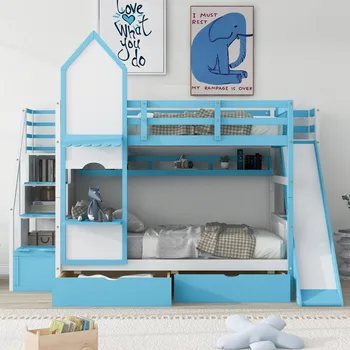 Playhouse Style Bunk Size with Slide and 2 Drawers for Kids Teens, Solid Wood Bunk Bed Frame with Storage Stairs and Shelves 2
