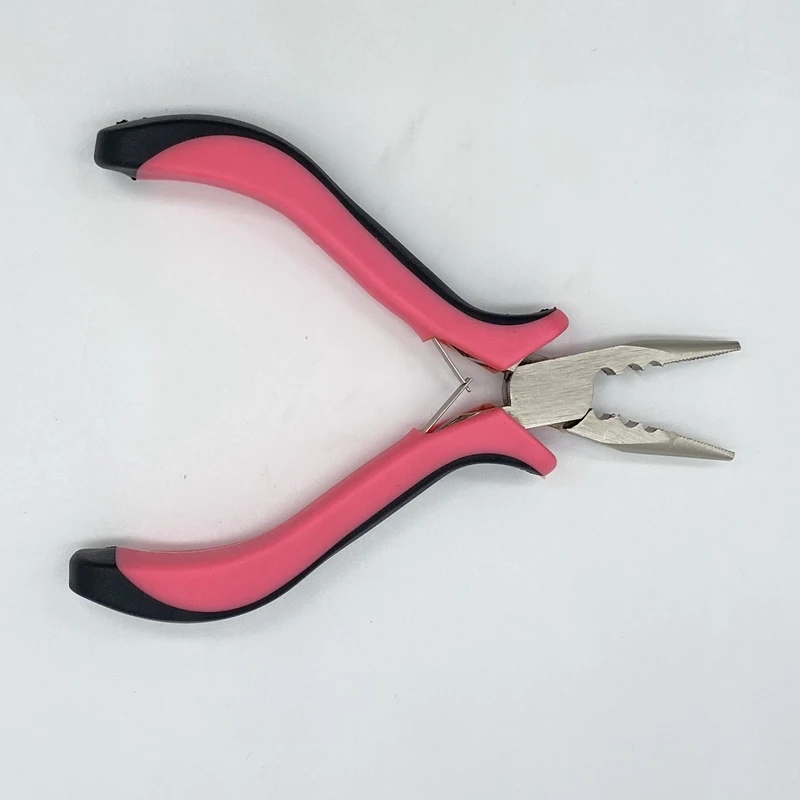 Pink handle carbon steel straight nose plier with 3 holes Feather hair extension clamp 1 piece