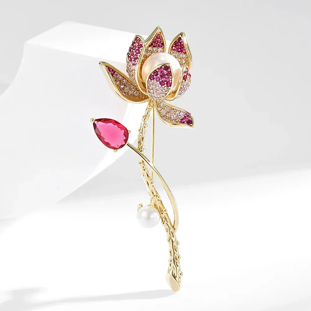 Lotus Fun Cooper Silver Natural Quartz Handmade Fine Jewelry Flower in the Rain Design Brooches Pin Broche For Women