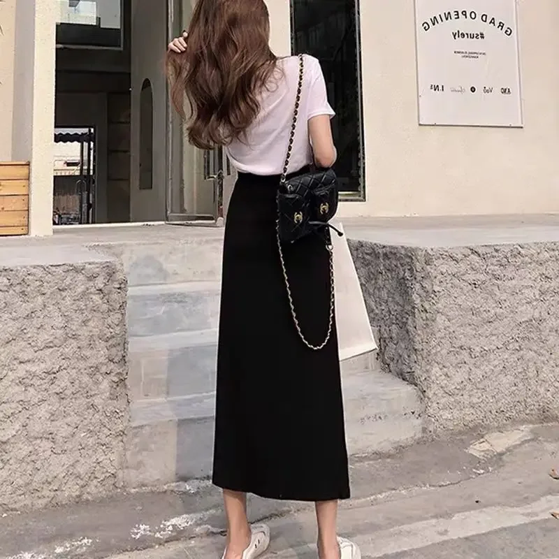 High Quality Drape Korean Style Skirt Women High Waist Midi Long Skirts For Women Streetwear Side Slit Solid Color Long Skirt