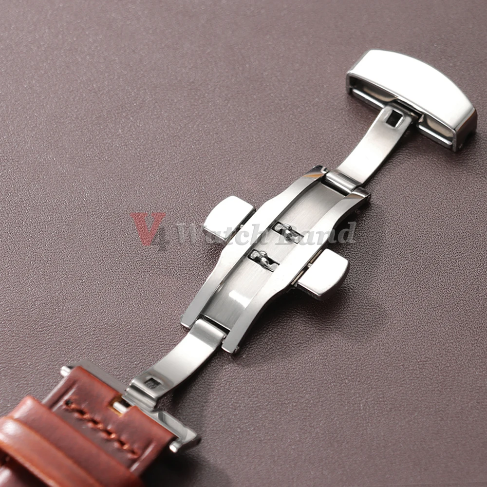 Luxurious Dark Brown Calfskin Leather Watchband with Butterfly Buckle