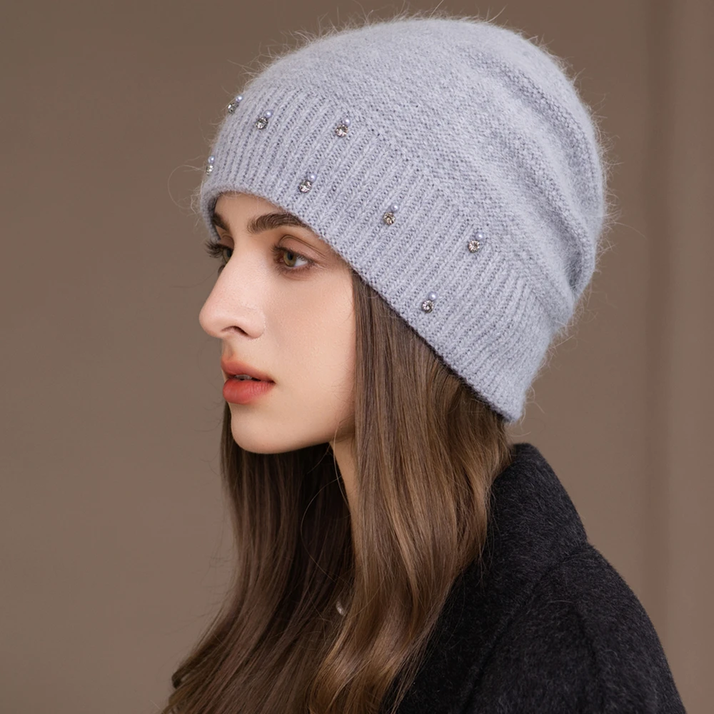 New Fashion Winter Women Hat Decorate Beanie Hat Rabbit Fur Blend Warm Winter Cap Y2K Female Casual Streetwear Knitted Hat