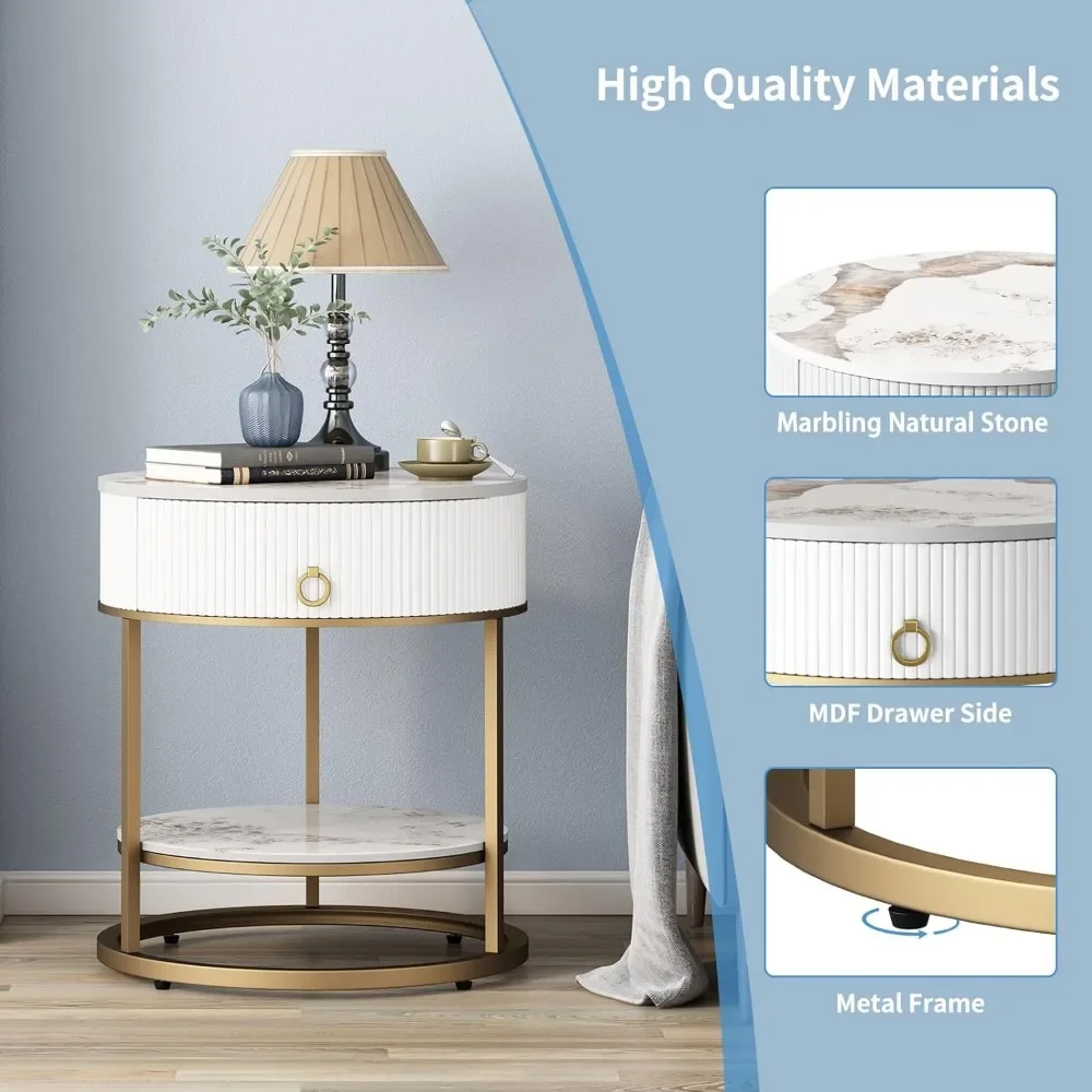 Round Side Table with Drawer, 2 Tier Night Stand with Shelf, Modern Side Table with Gold Legs for Living Room, Bedroom, Dorm 4