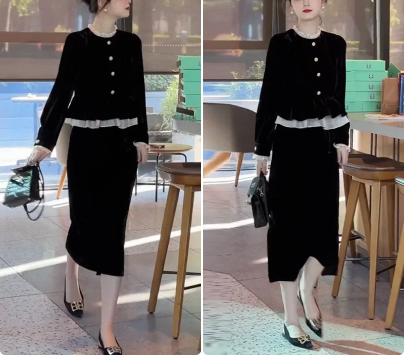 

Autumn lace fake two-piece temperament dress with high waist splicing for slimming effect, long sleeved medium length dress