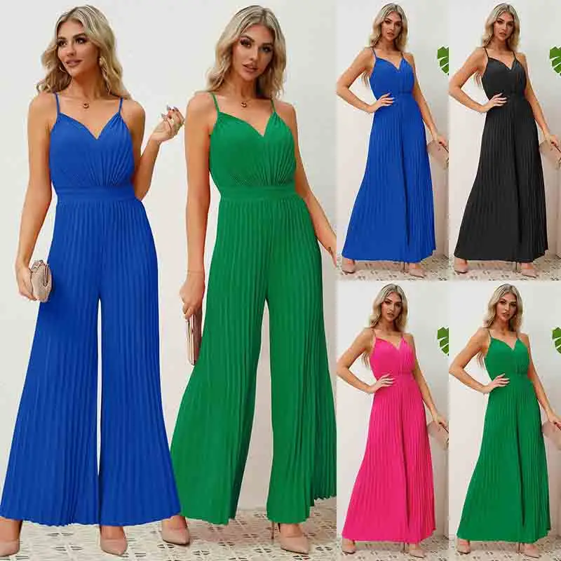 

Office Lady Sexy V-neck Sleeveless Slim Romper Casual Solid fashion Straight Long Pants Playsuits causal Waist Pleated Jumpsuit