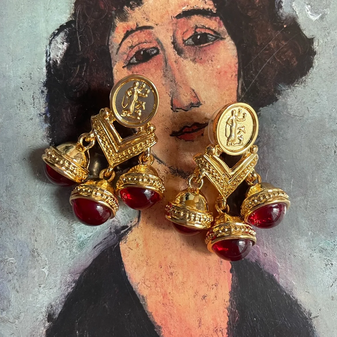 Vintage red glass bell eardrop court embossed gold coin stud earrings for women