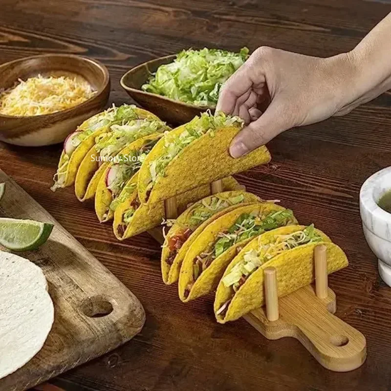 Bamboo Wooden Taco Holder Potato Chips Corn Roll Rack Tray Shelf Tortilla Burritos Rack Tray Fit For Parties And Restaurants