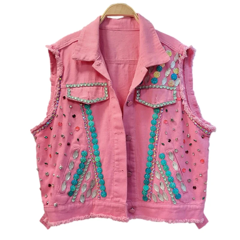 

Beading Diamonds Denim Vest Women Fashion Loose Short Cowboy Waistcoat Hem Frayed White Pink Sleeveless Jeans Jacket Coat Female