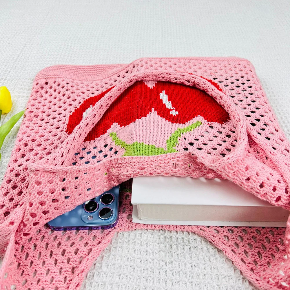 Trendy Crochet Bag for Women Cherry Tote Bags Woven Shoulder Bags Raffia Summer Beach Bag Female Travel Bag Luxury Handbag Purse