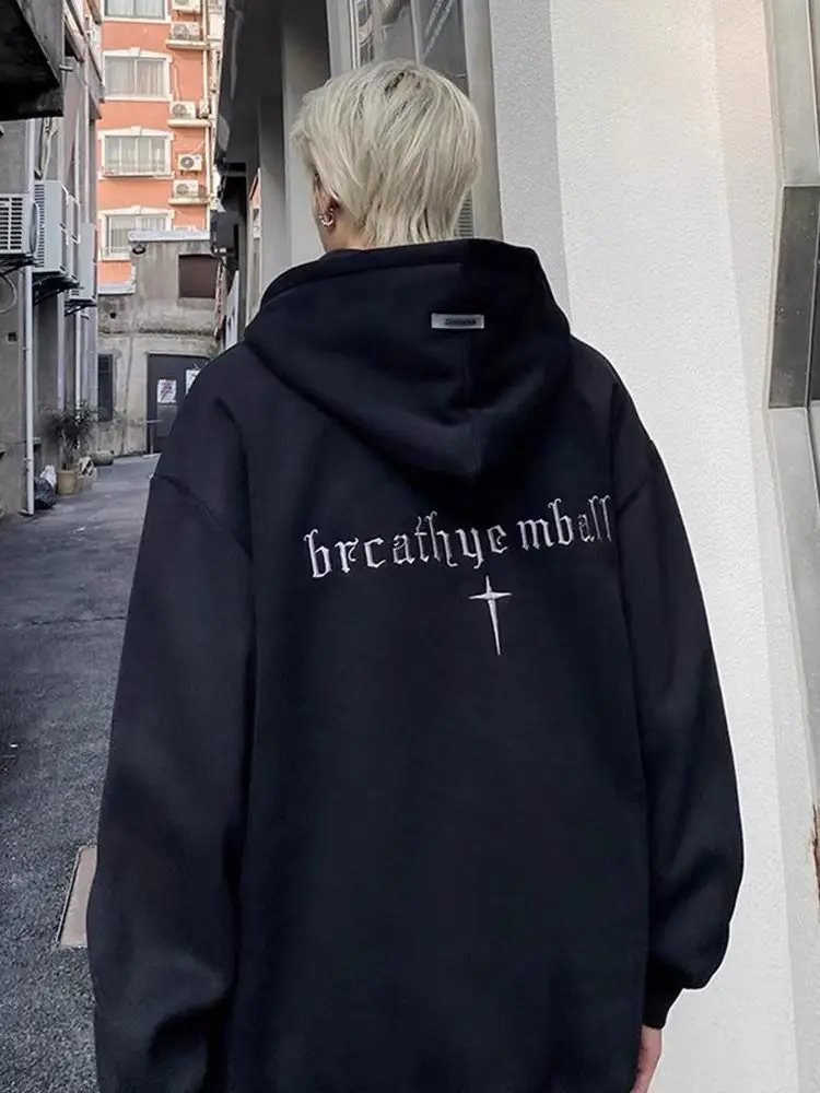 

American Retro Oversize Hoodies Letter Embroidery Pullovers Sweatshirt Hoody Loose Couple Harajuku Fleece Streetwear