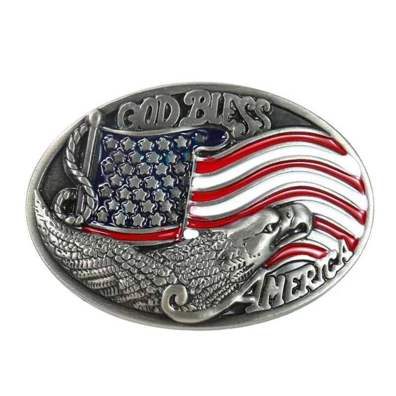 4cm National Enamel American Flag Silver Eagle Men Belt Buckle Men's God Bless Oval Leather Craft Male Strap Jeans Accessories