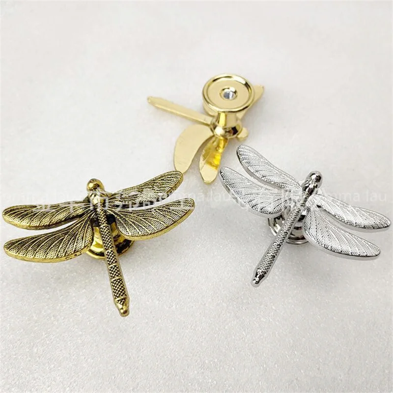 

New 50Pcs/Lot Dragonfly Shape Knob and Handle Solid Zinc Alloy Single Hole Cabinet Drawer Handles Cupboard Furniture Pulls