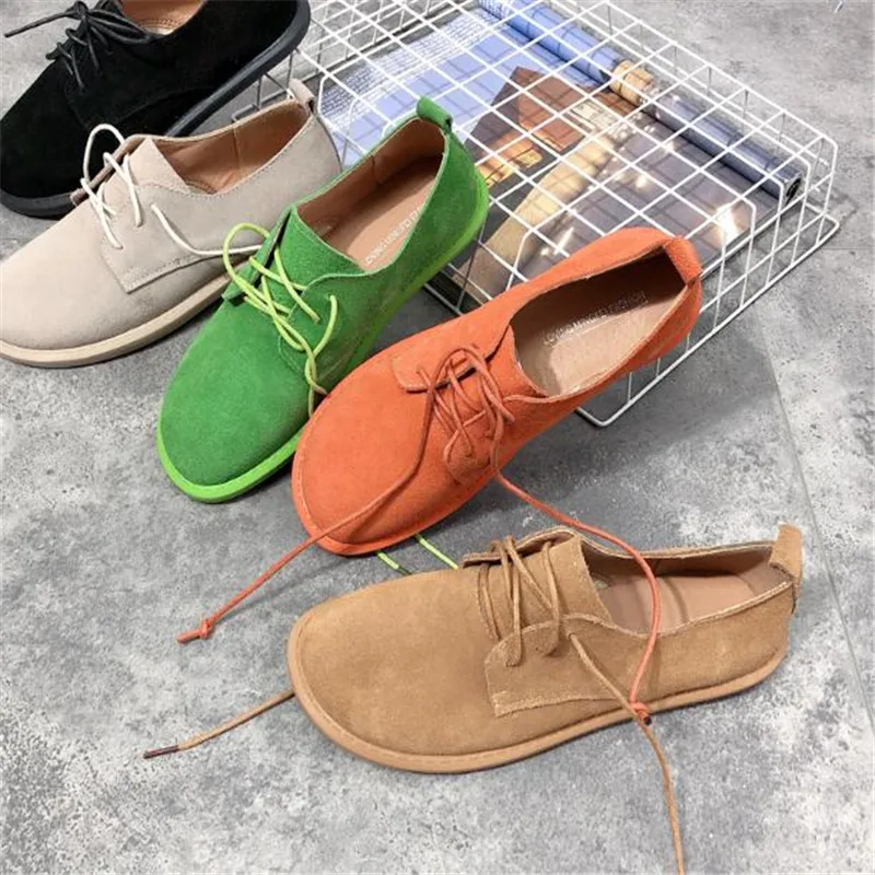 Lace-up Women Casual Shoes Round Head Students Sports Shoes Fashion Spring Abrasive Leather Couple Walking Flats Ladies Sneakers