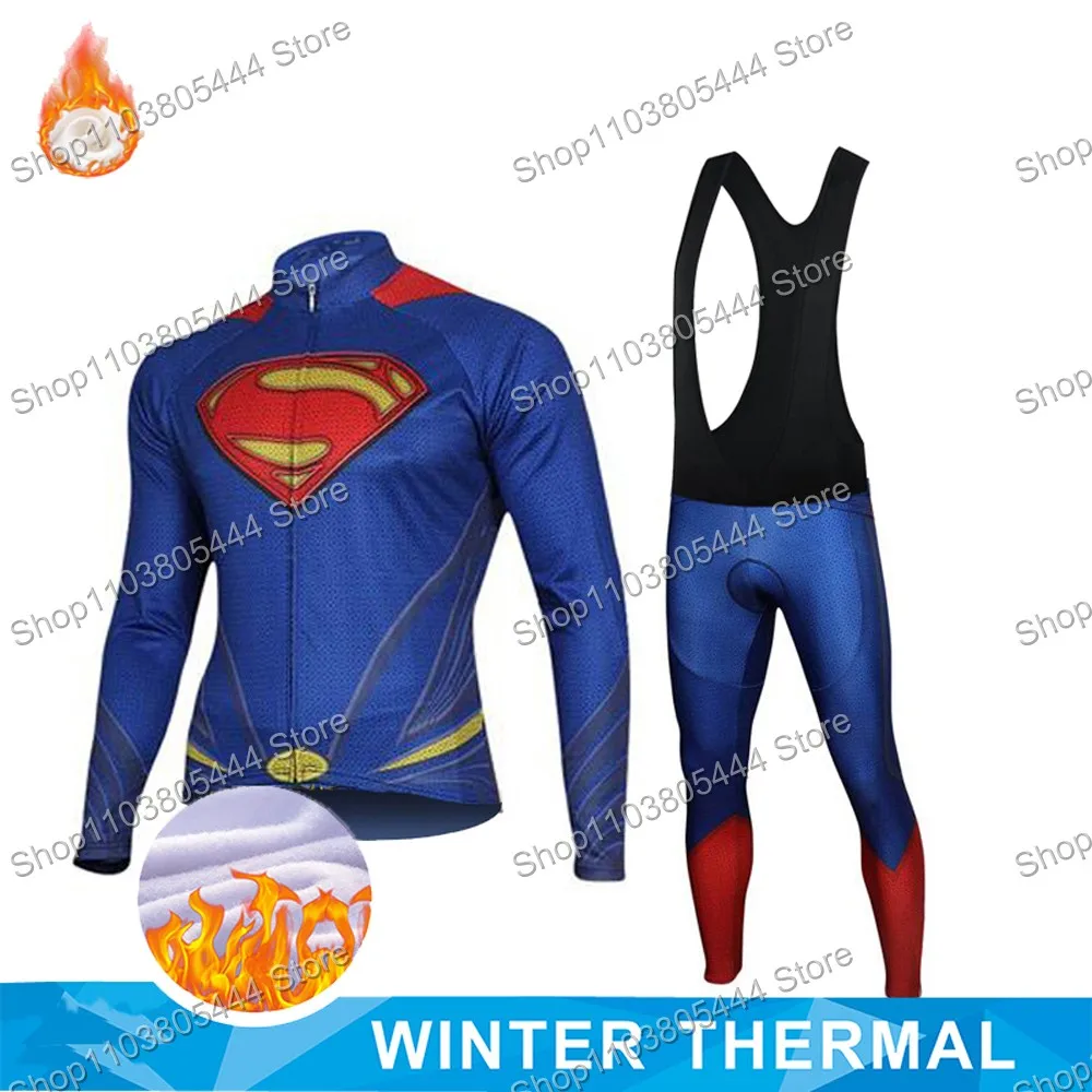Super Hero Iron Anime Comics Cycling Jersey Set Winter Thermal Fleece Clothing Long Sleeve Bike Pant Bib Bicycle Suit MTB Outfit