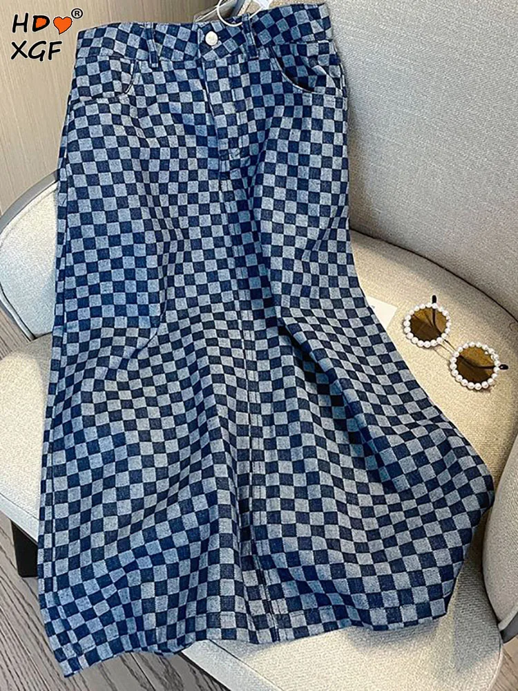 Fashion Lady Checkerboard Large Size Denim Skirt Vintage A-line High Waist Button Split Jean Skirt Summer Women Simple Skirt Y2K fashion lady checkerboard large size denim skirt vintage a line high waist button split jean skirt summer women simple skirt y2k