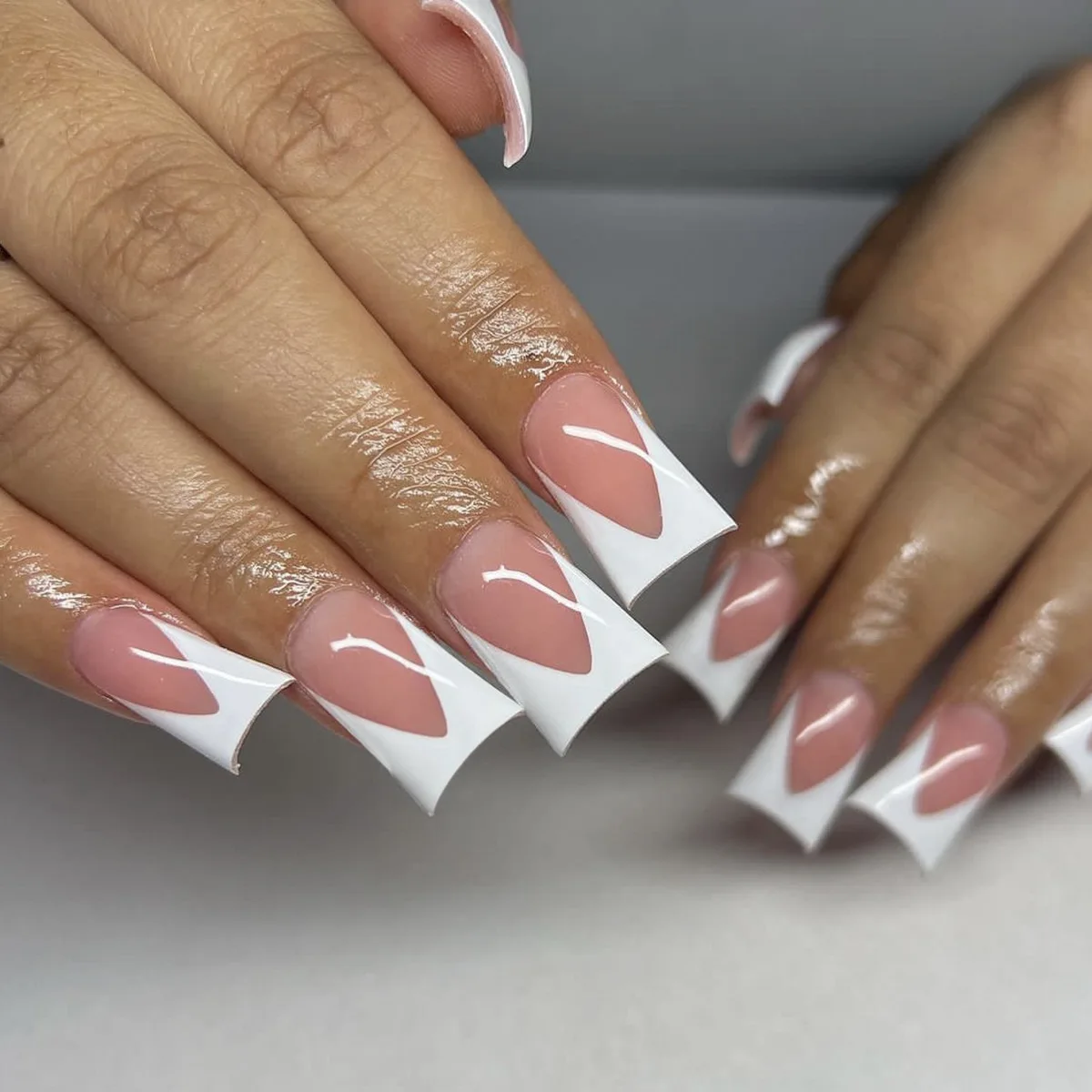 French Nude White Line Fake Nails Long Oval Full Artificial Press On Nails  Tips | eBay