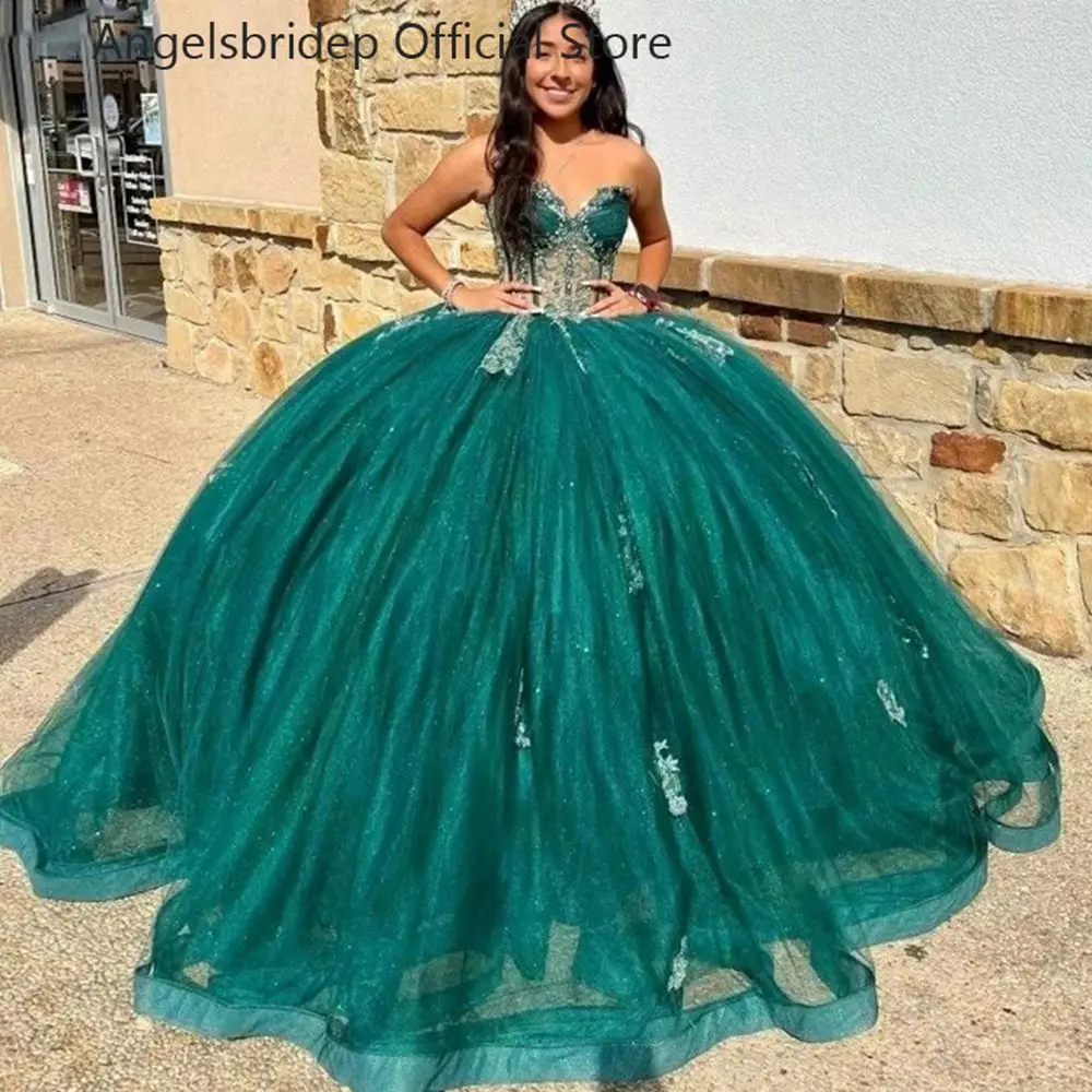 

ANGELSBRIDEP милое платье Quinceanera, кружевное блестящее Тюлевое платье со шлейфом, мексиканское платье, милые платья для 16-летнего торжества принцессы