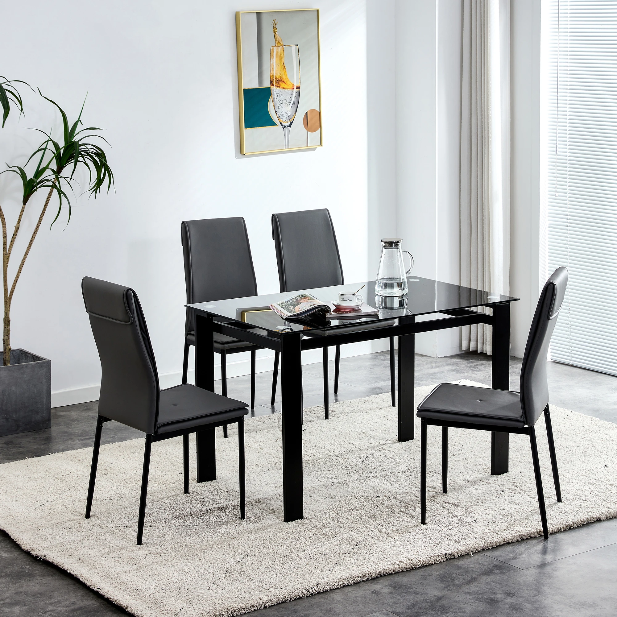 

[Flash Sale]5 Pieces High-Grade Dining Table Set for 4 Kitchen Room Tempered Glass Dining Table 4 Faux Leather Chair Black[US-W]