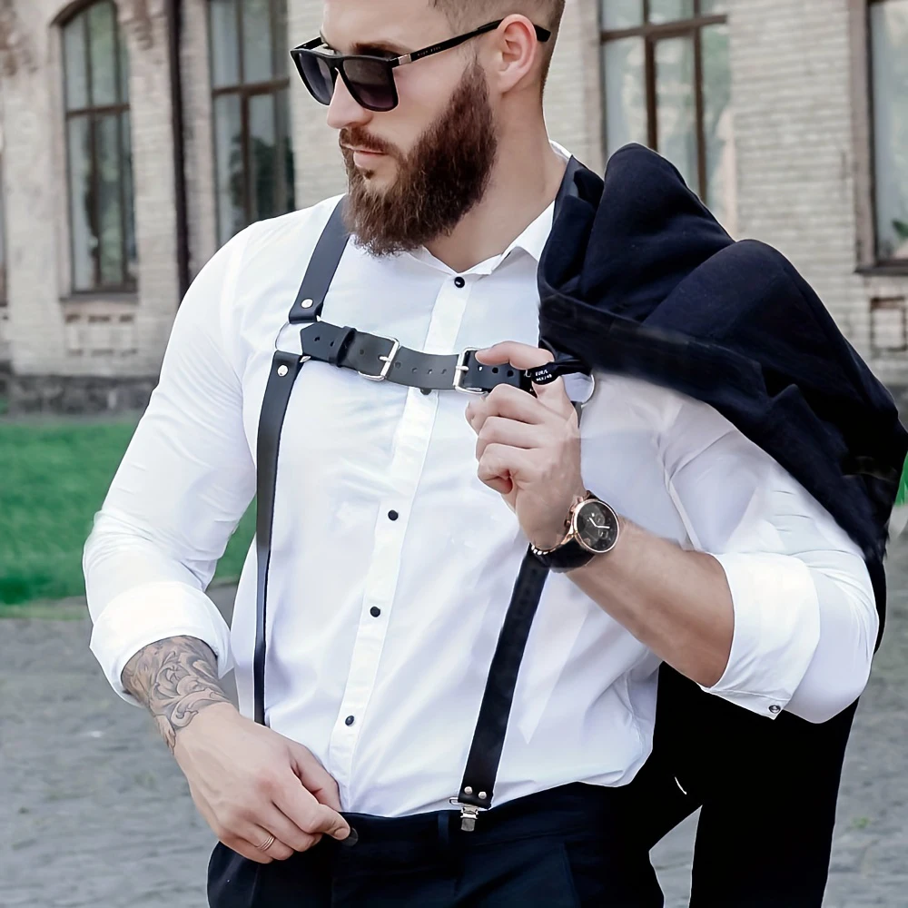 

Men Harness Gay BDSM Pu Leather Studded Decor Harness Suspenders Adjustable BDSM Clothing Sex Belt Chest Harness