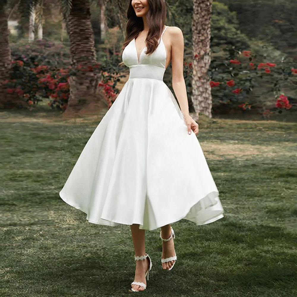

Satin Wedding Dresses A-Line Spaghetti Strap Elegant Mid-Calf Gowns For Bridesmaid Party Banquet