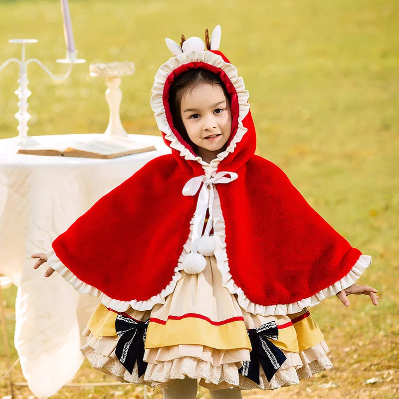 Winter New Girls' Plush Thickened High-density Rabbit Hair Girls Lolita Cape Shawl Coat